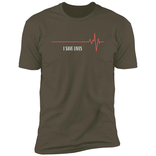 Black and White ECG Line Typographic Save Lives Professional T-Shirt (1) Z61x Premium Short Sleeve Tee (Closeout)